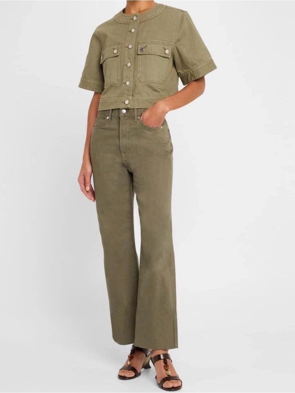 Veronica Beard Elias Short Sleeve Denim Jacket in Stone Army Green Sz M NEW $428